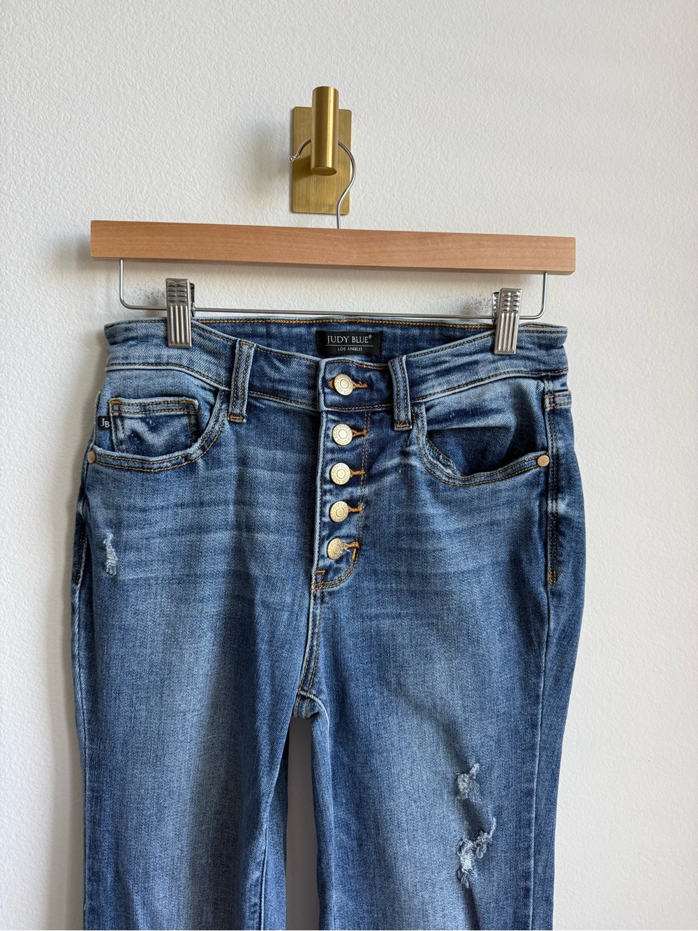 Judy Blue Mid Rise Button Fly Destroyed Fray Hem Flare Jeans Size 26 - Picture 6 of 10
